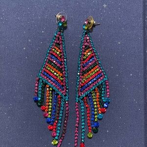 Vibrant Multicolor Rhinestone Fringe Drop Earrings - Women Jewelry